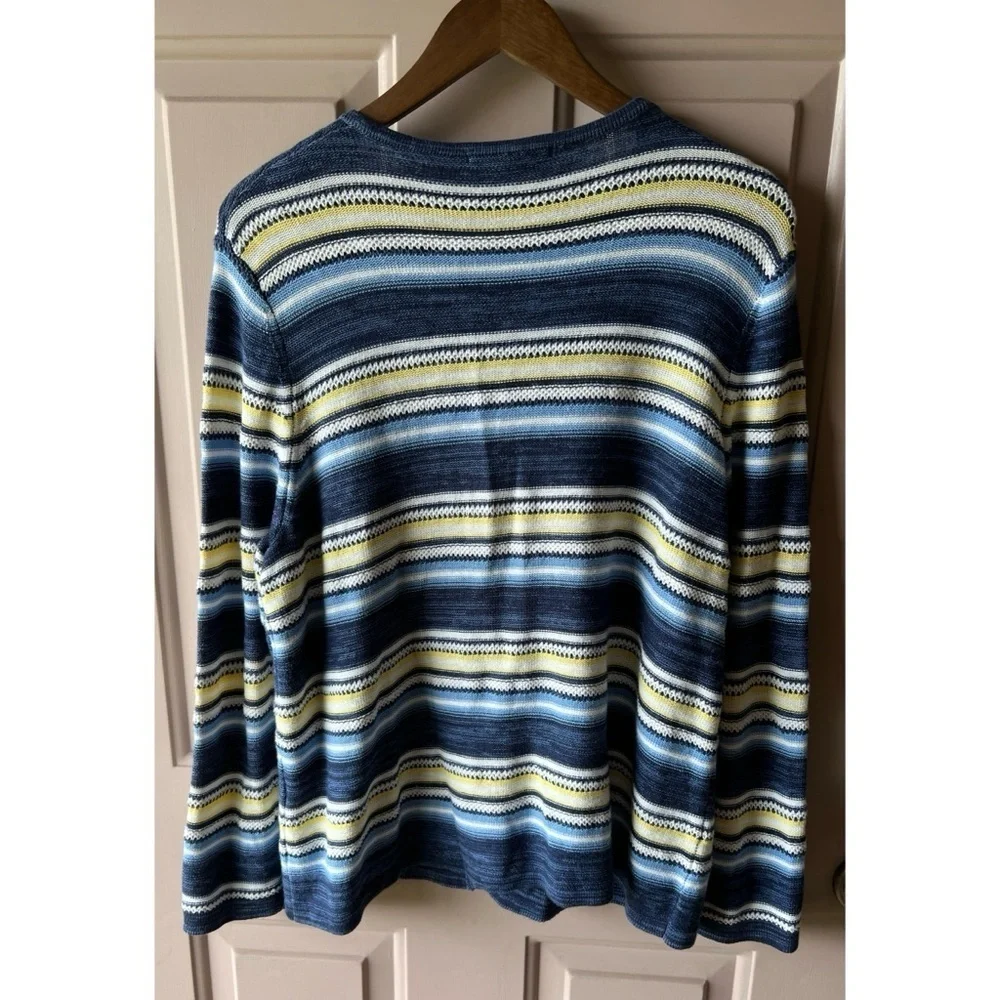 Blue Yellow Stripe One Button Closure Cardigan Allison Daley LNWOT L #976